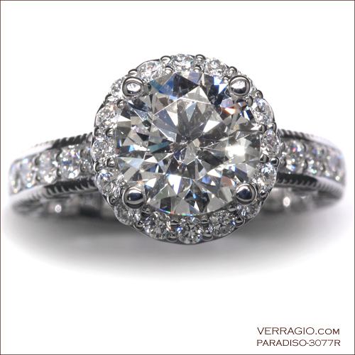 Perfect example of how a diamond halo enhances the look of the center in an engagement ring: Paradiso-3077R
