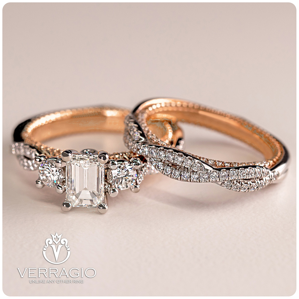 a diamond studded gold wedding ring set