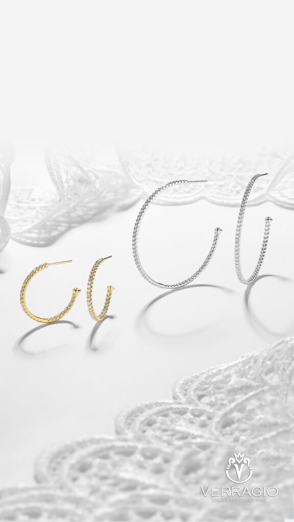 small yellow gold diamond hoops and large white gold diamond hoops