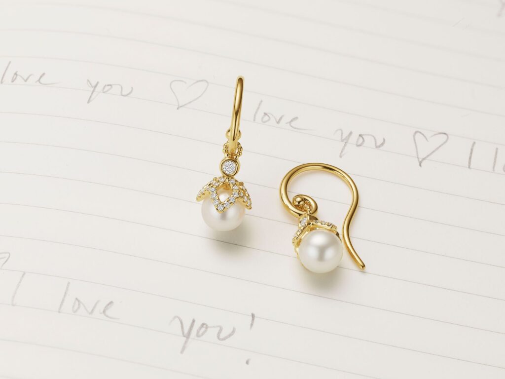 yellow gold, diamond, and pearl dangle earrings