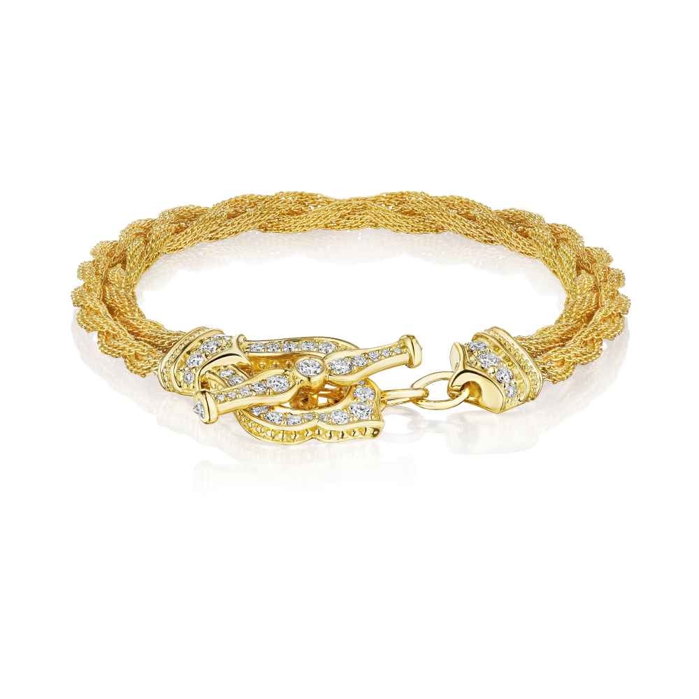 Double-strand yellow gold bracelet with diamond toggle clasp